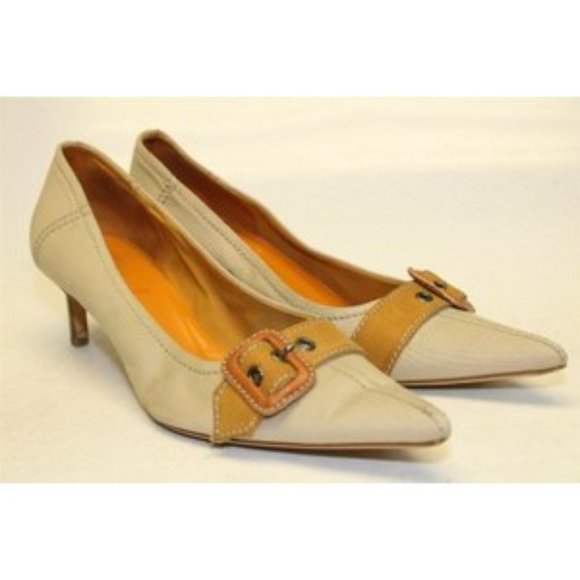 Miu Miu Khaki Canvas Orange Kitten Heels - Picture 9 of 12
